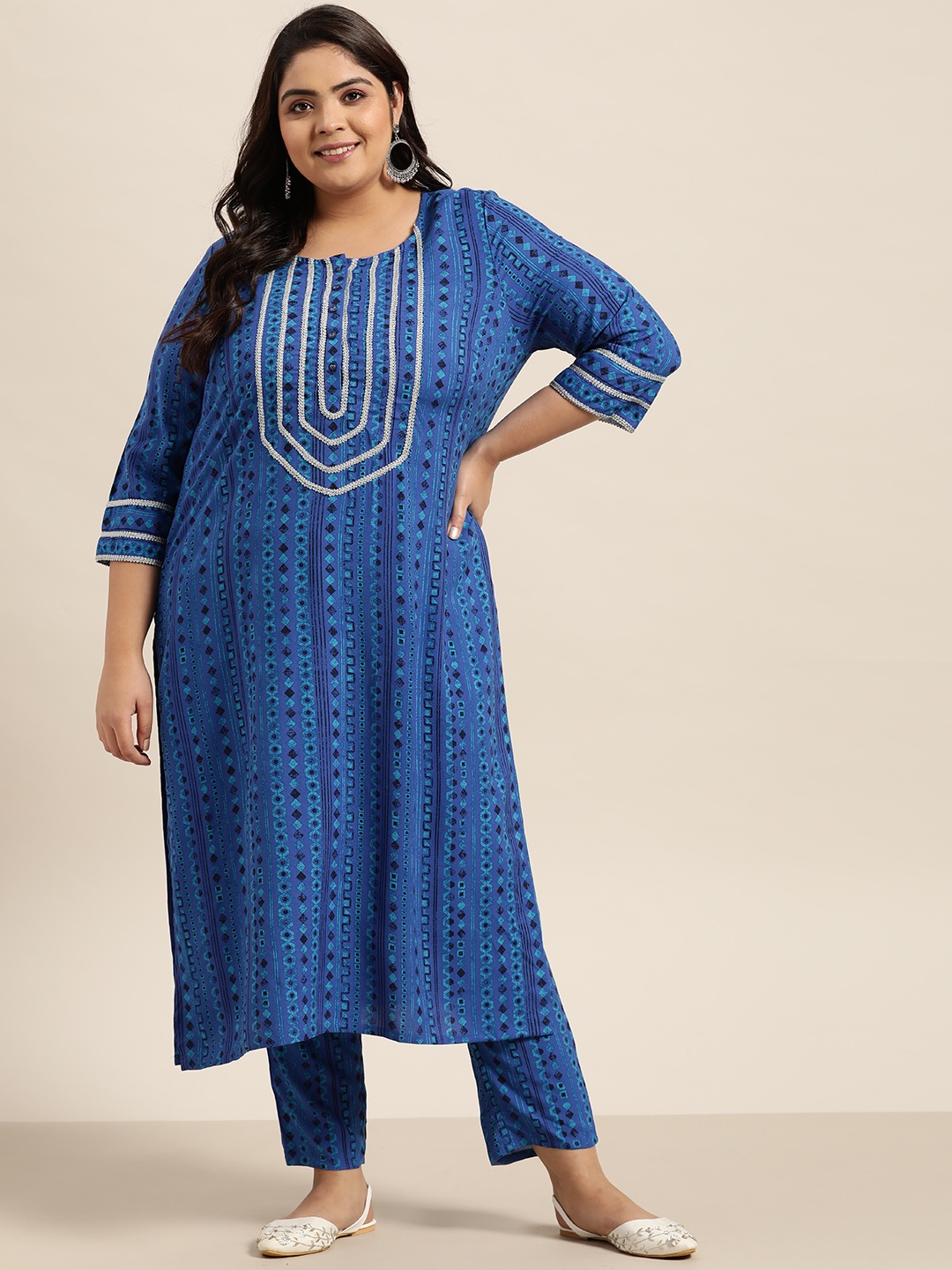

Sztori Women Plus Size Blue Geometric Printed EcoVero Kurta
