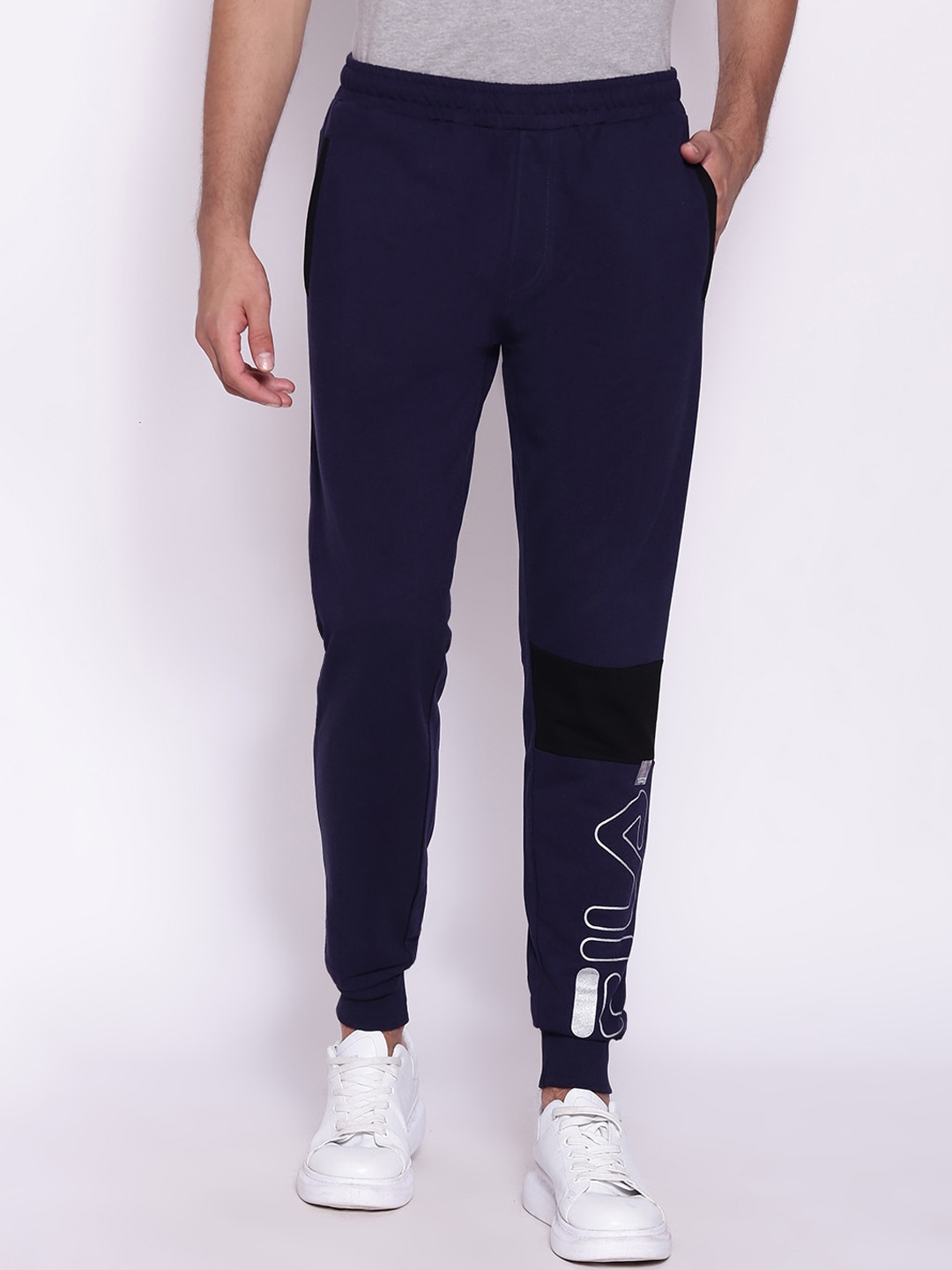 

FILA Men Navy Blue Typography Printed Pure Cotton Joggers