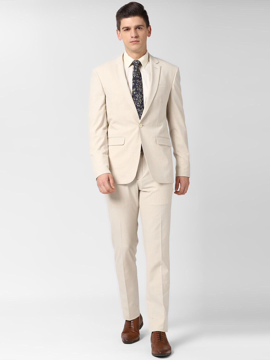 

Peter England Elite Men Beige Self-Design Slim-Fit Single-Breasted Two-Piece Formal Suit