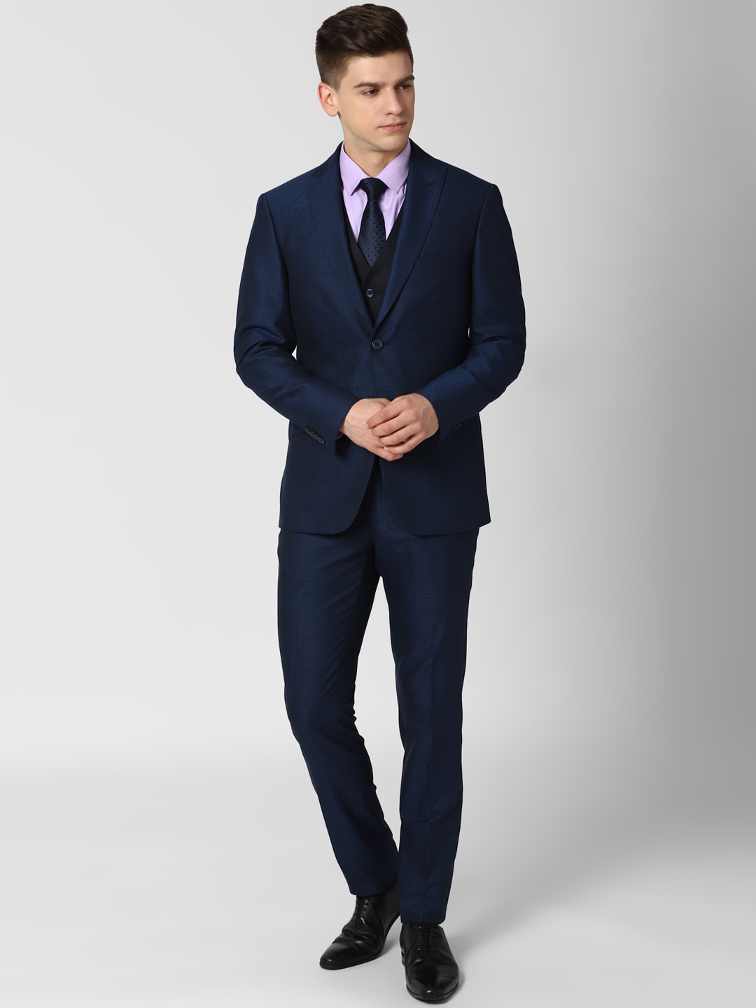 

Peter England Elite Men Navy Blue Self Design Slim-Fit Single-Breasted Three-Piece Suit