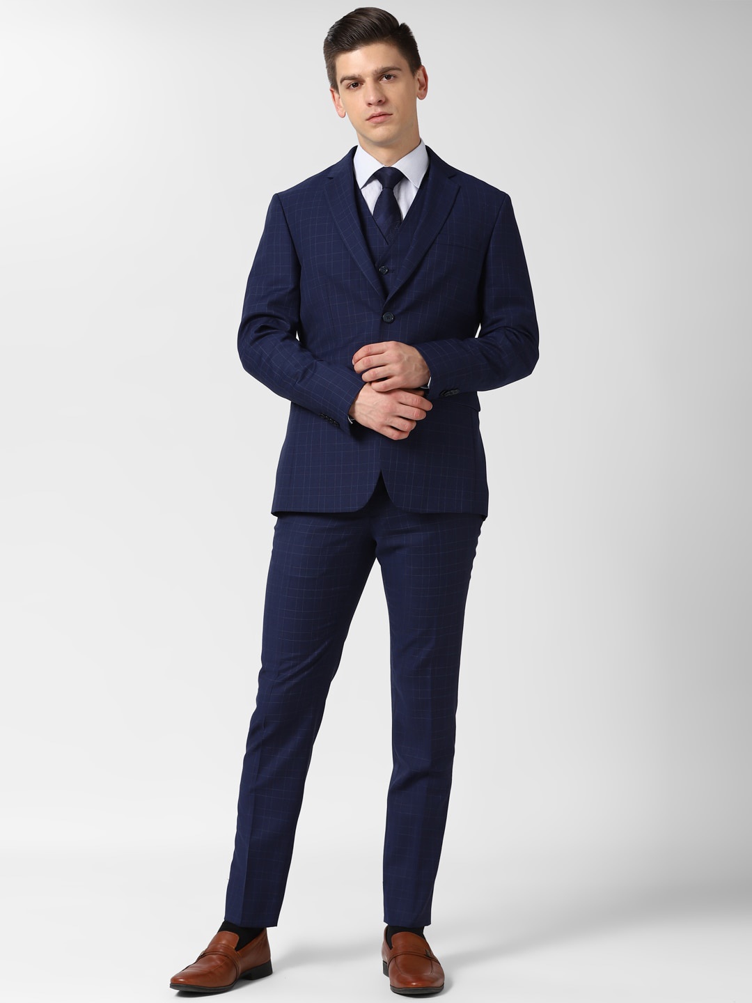 

Peter England Elite Men Navy Blue Checked Slim-Fit Single-Breasted Three-Piece Formal Suit