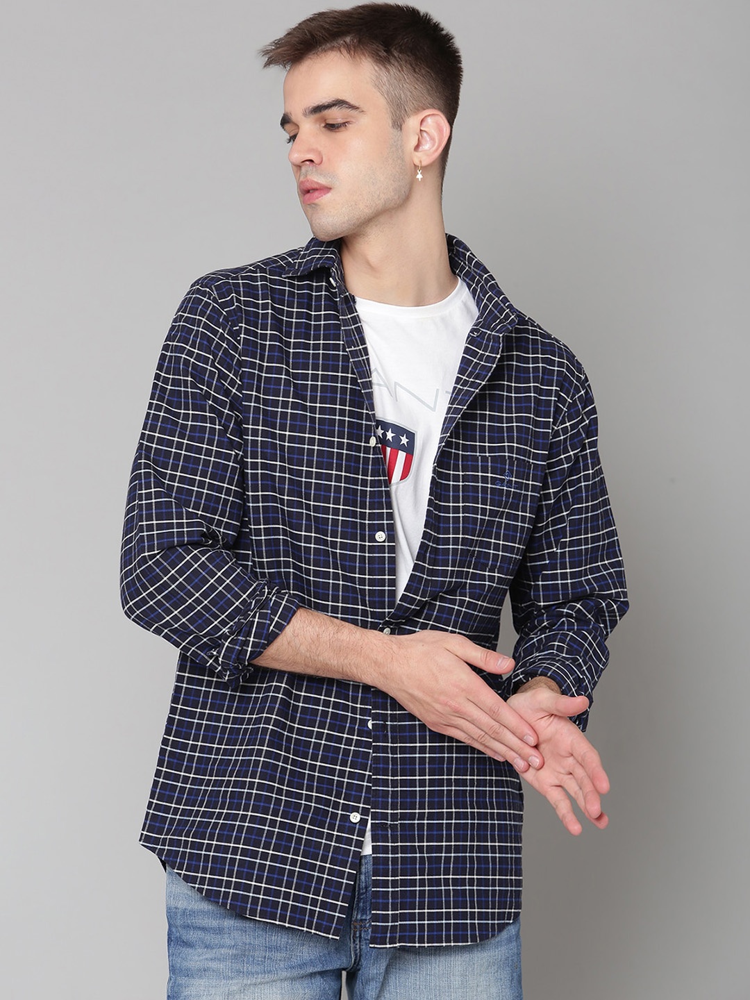 

GANT Men Blue & White Opaque Grid Tattersall Checked Cotton Casual Shirt