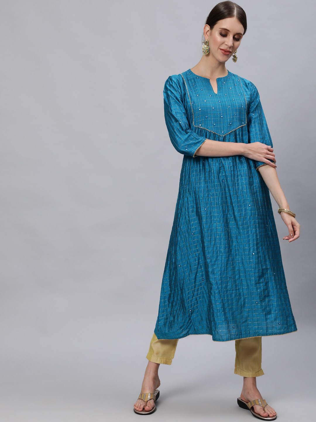 

Jaipur Kurti Women Blue & Gold-Toned Mirror Work Chanderi Silk Kurta