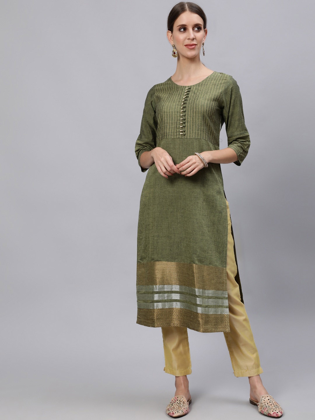 

Jaipur Kurti Women Olive Green & Gold-Toned Pure Cotton Kurta