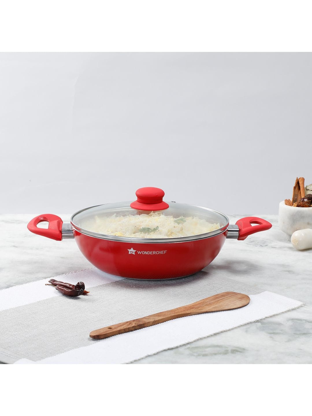 

Wonderchef Red Solid Non-Stick Wok With Transparent Lid