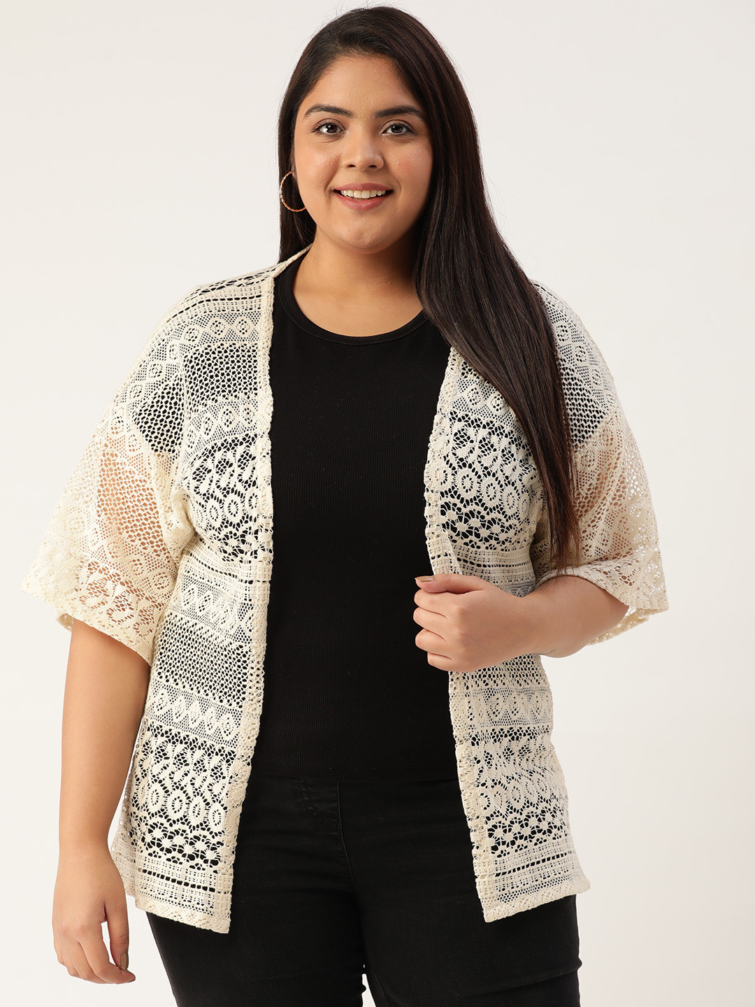 

Rute Plus Size Women Beige Self Design Open Front Shrug