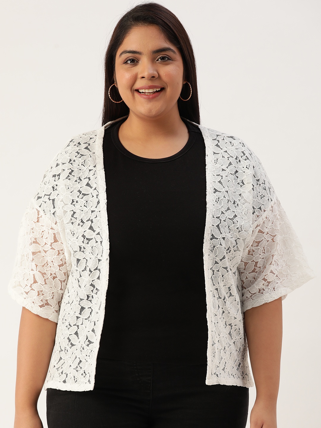 

Rute Plus Size Women White Self Design Open Front Shrug