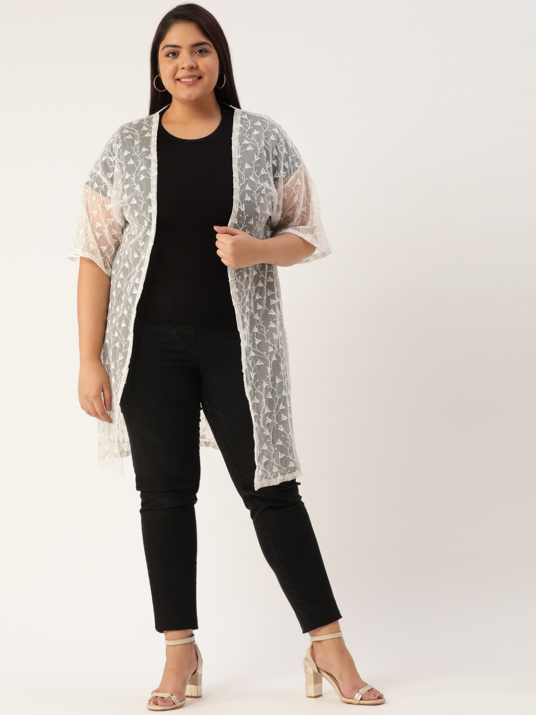 

Rute Plus Size Women White Self Design Longline Open Front Shrug