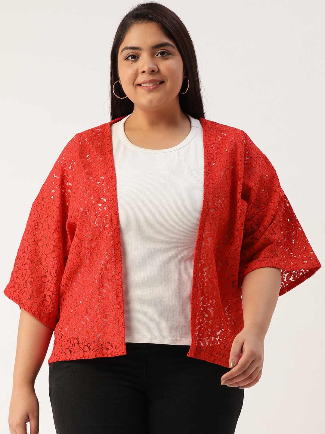 

Rute Plus Size Women Red Self Design Open Front Shrug