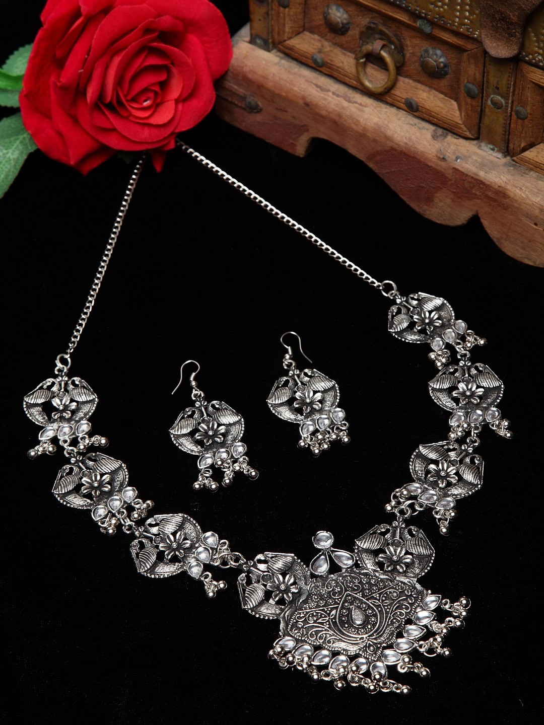 

Moedbuille Silver Plated Tasselled Oxidised Handcrafted Tribal Jewellery Set