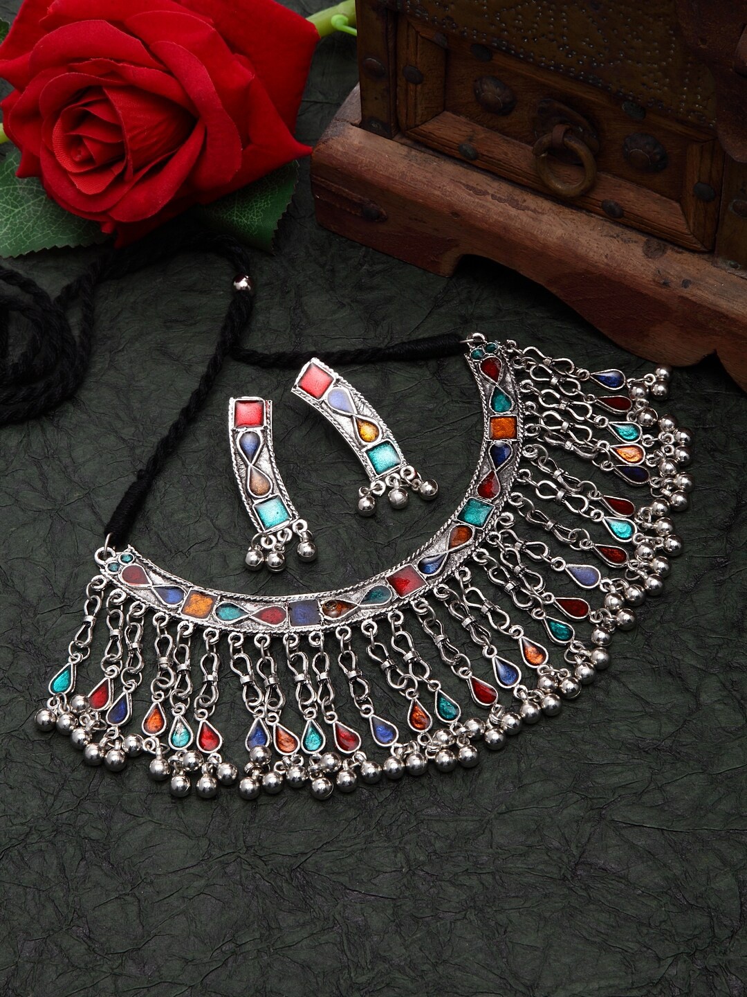 

Moedbuille Oxidised Silver-Plated Multi-Coloured Stone-Studded & Beaded Meenakri Jewellery Set