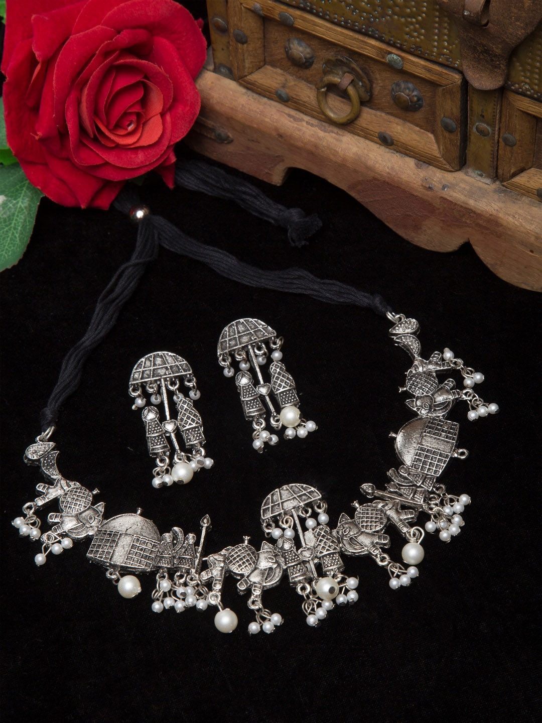 

Moedbuille Silver-Plated Pearl-Beaded Filigree Design Handcrafted Oxidized Jewellery Set