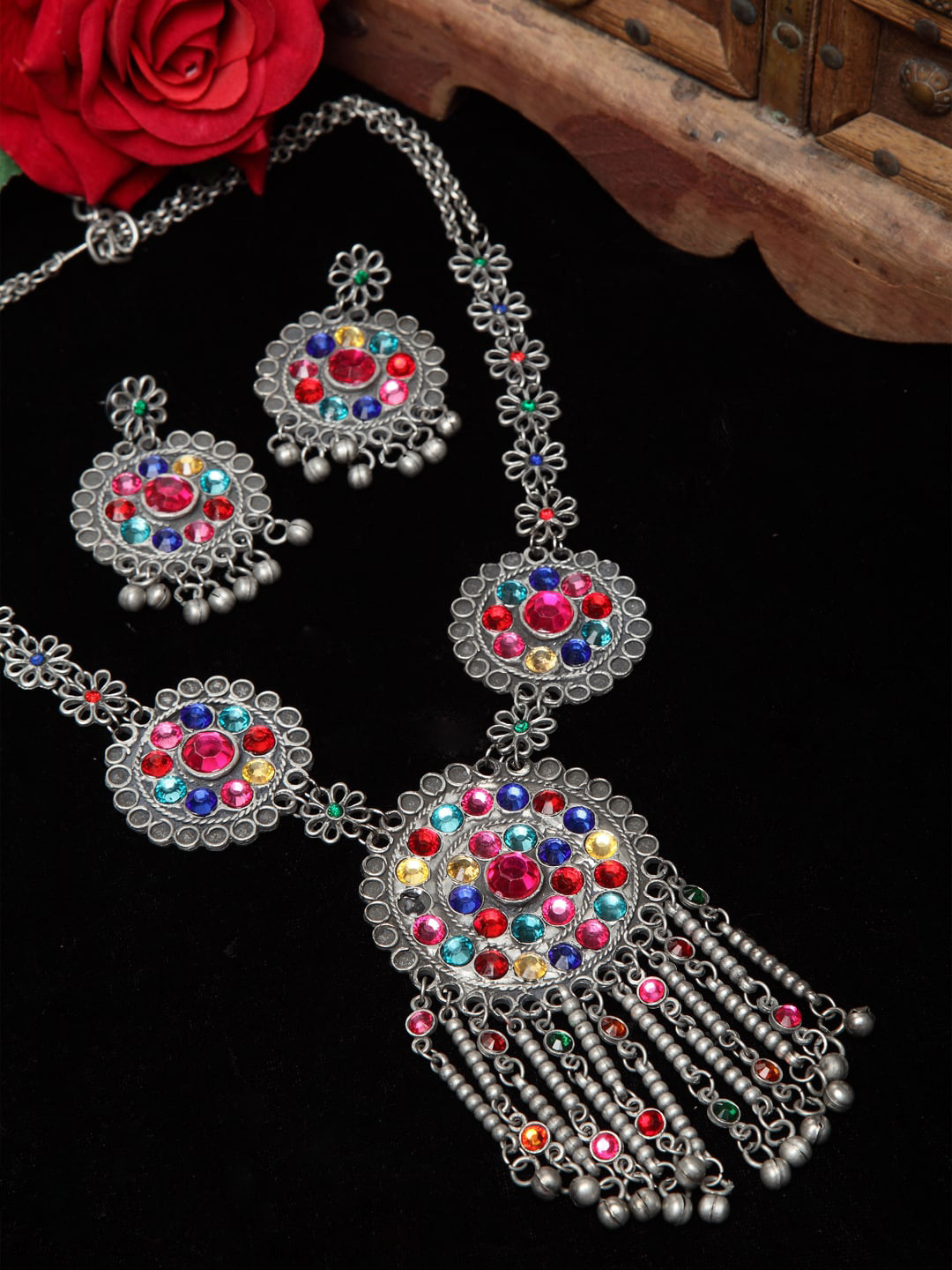 

Moedbuille Multi Stone Handcrafted Afghan Design Oxidised Tasselled Jewellery Set