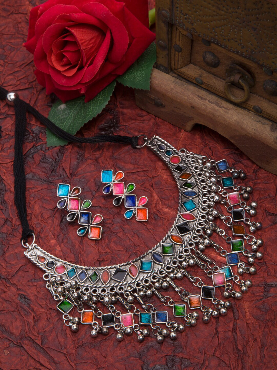 

Moedbuille Oxidised Silver-Plated Multi-Coloured Stone-Studded & Beaded Meenakari Handcrafted Jewellery Set