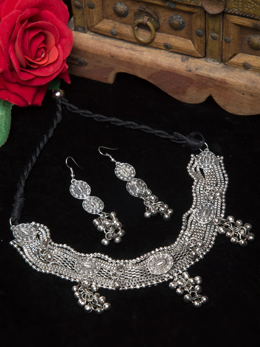 

Moedbuille Silver Plated Ghungroo Tasselled Oxidised Handcrafted Jewellery Set