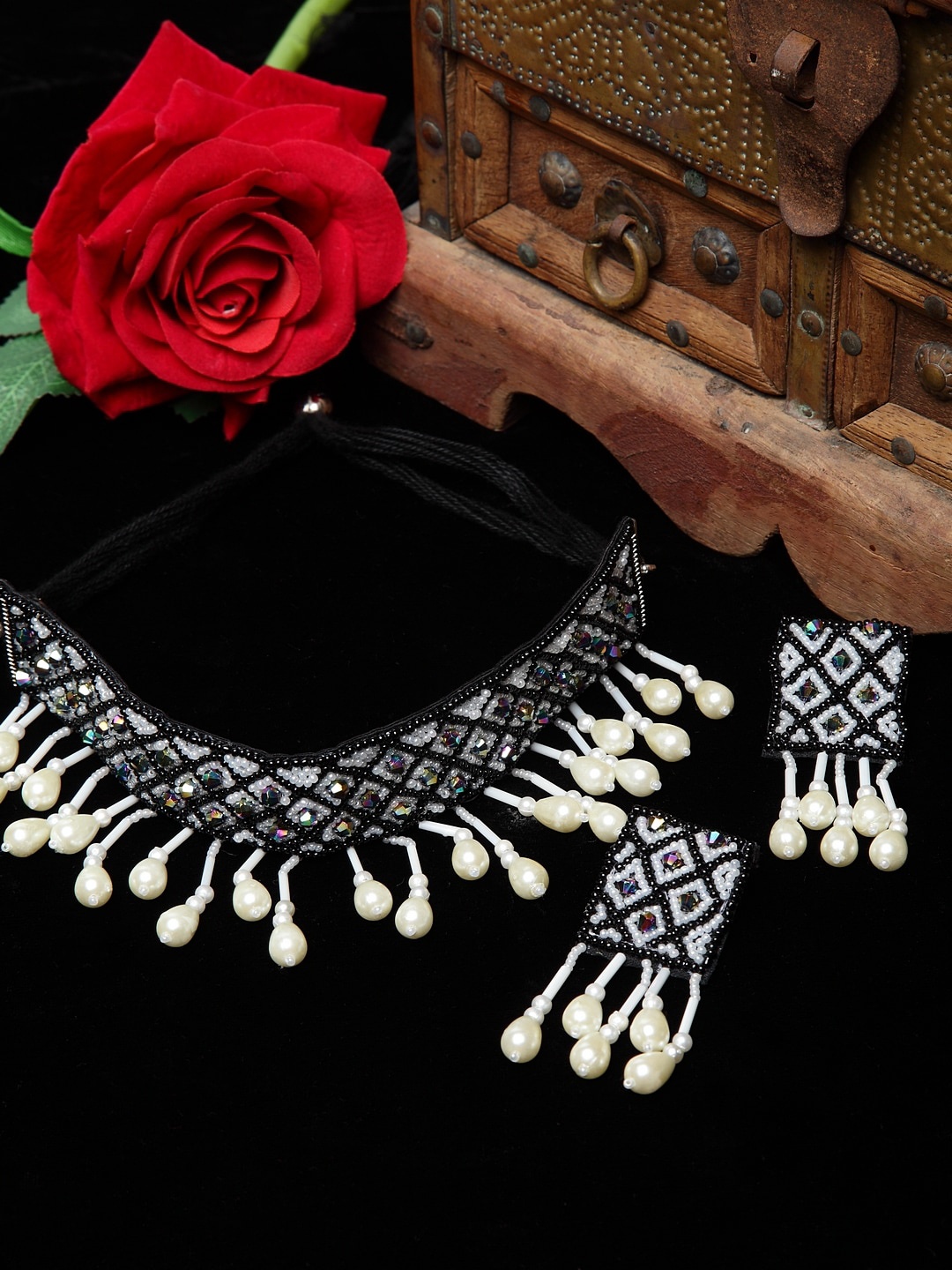 

Moedbuille Silver-Plated & Black Crystal-Studded & Beaded Handcrafted Jewellery Set