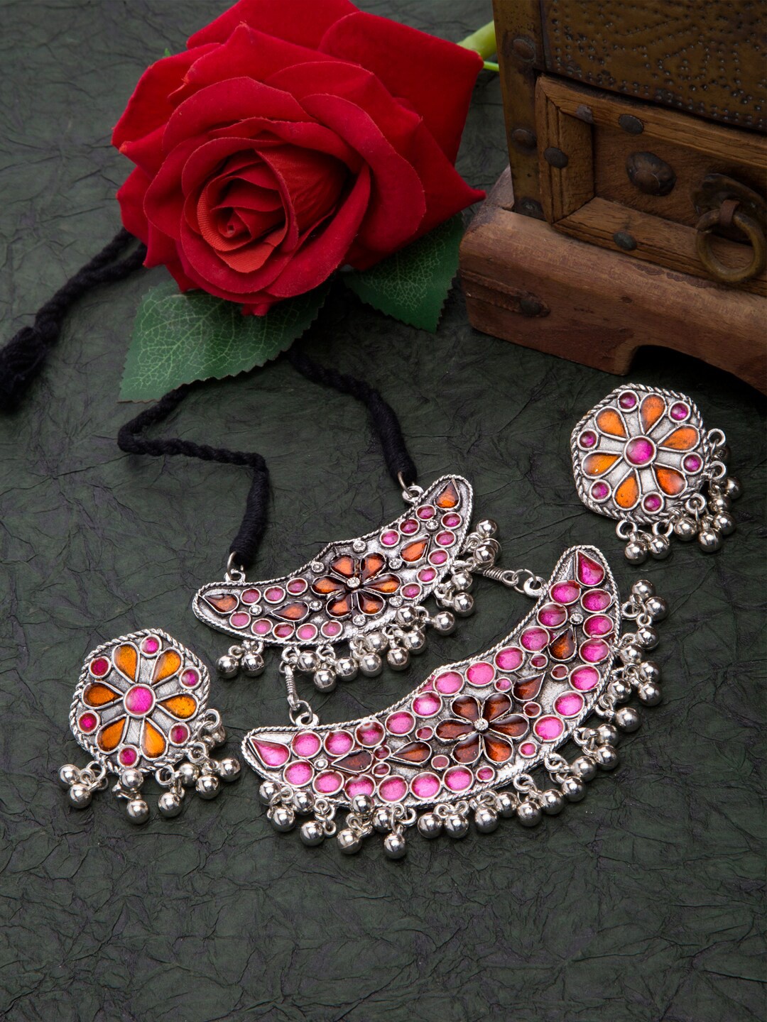 

Moedbuille Silver-Plated Pink & Orange Stone-Studded & Beaded Afghan Jewellery Set