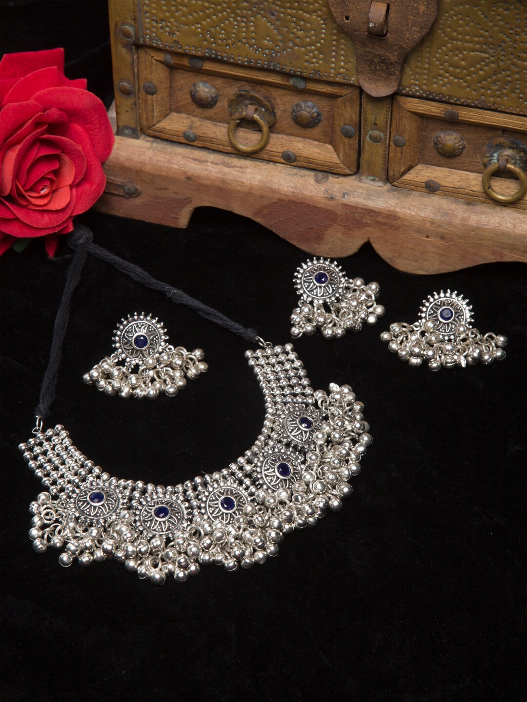

Moedbuille Silver Plated Blue Stones & Ghungroo Studded Oxidised Handcrafted Jewelry Set