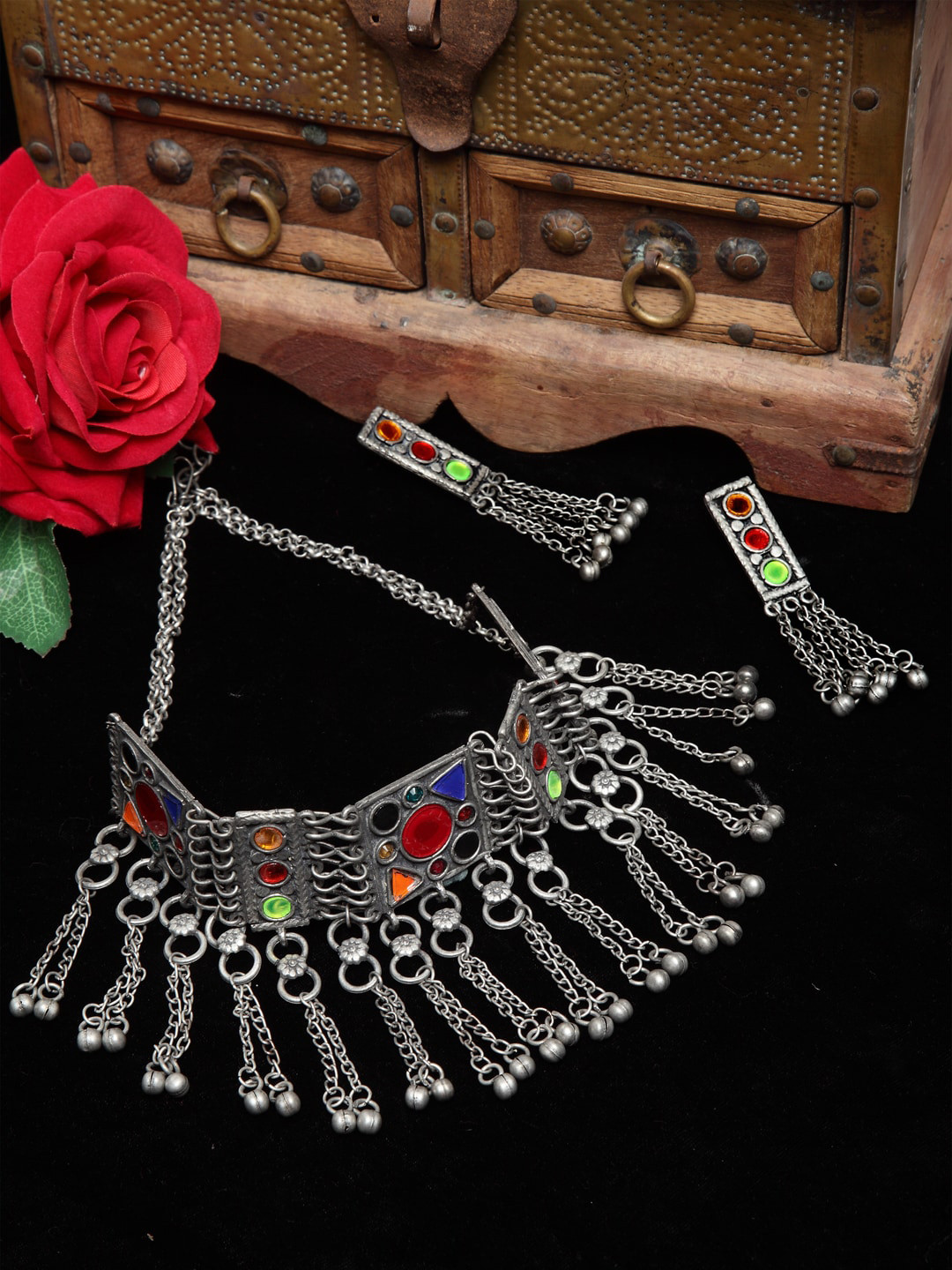 

Moedbuille Oxidised Silver-Plated Multi-Coloured Stone-Studded & Beaded Handcrafted Afghan Jewellery Set