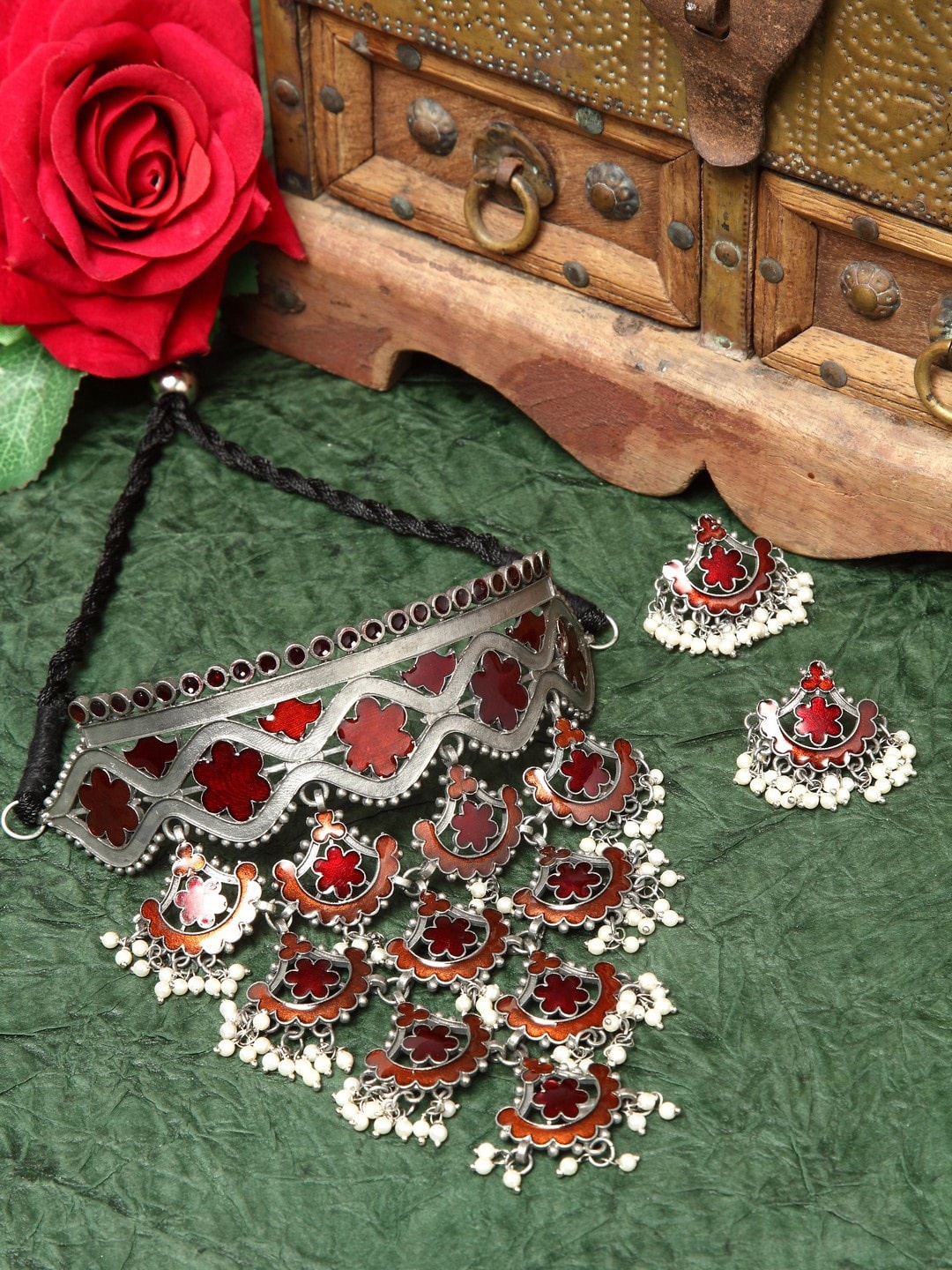 

Moedbuille Oxidised Silver-Plated Red Meenakari Jewellery Set