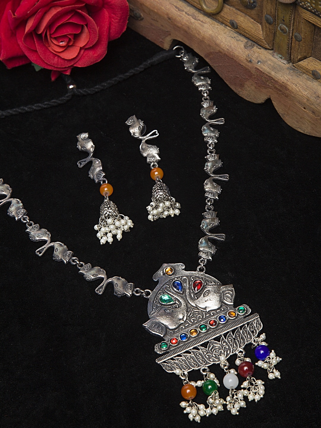 

Moedbuille Silver Plated Stones & Pearls Studded Oxidised Handcrafted Tasselled Jewellery