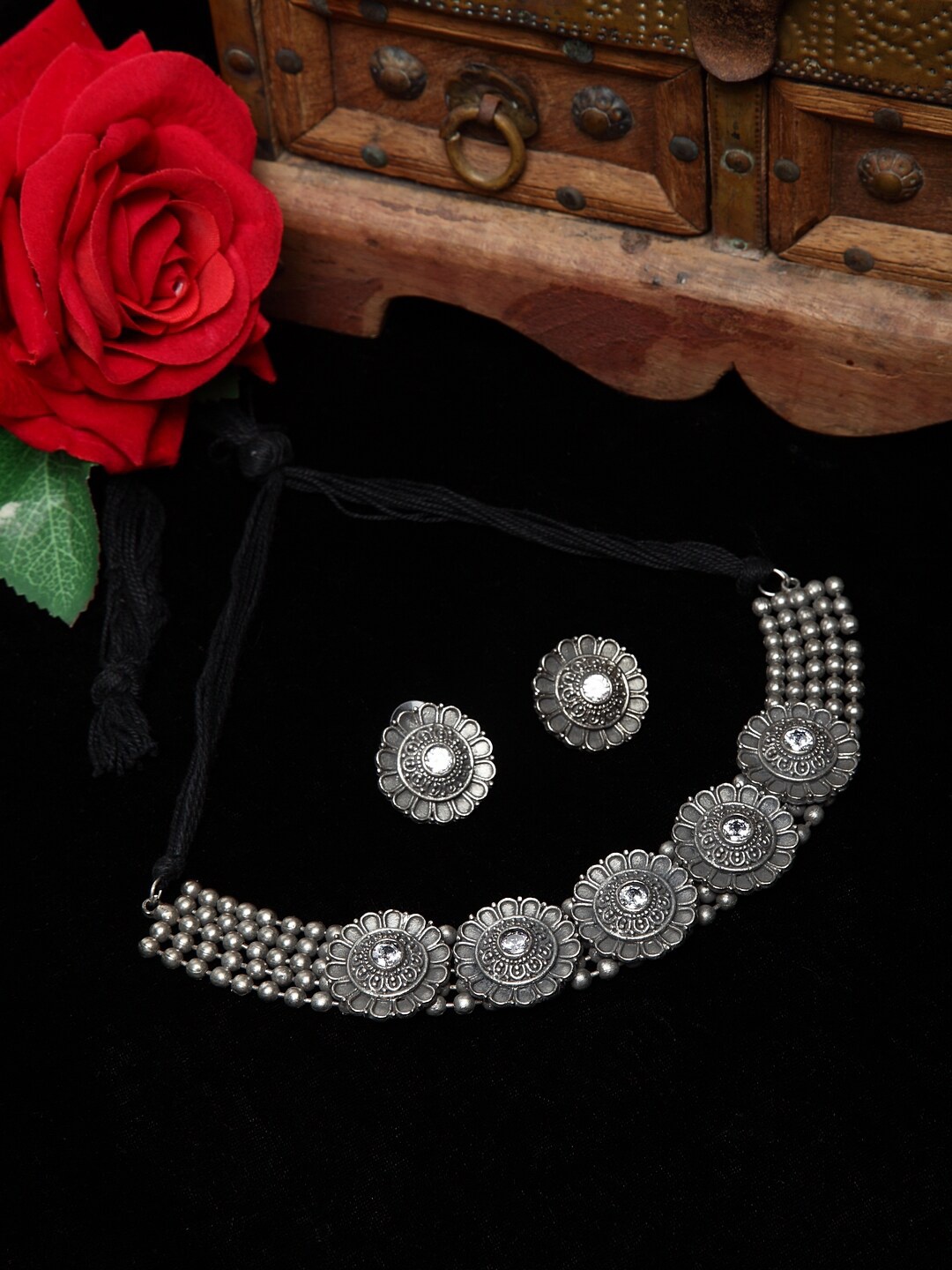 

Moedbuille Oxidised Silver-Plated White Stone Studded Handcrafted Jewellery Set, Metallic