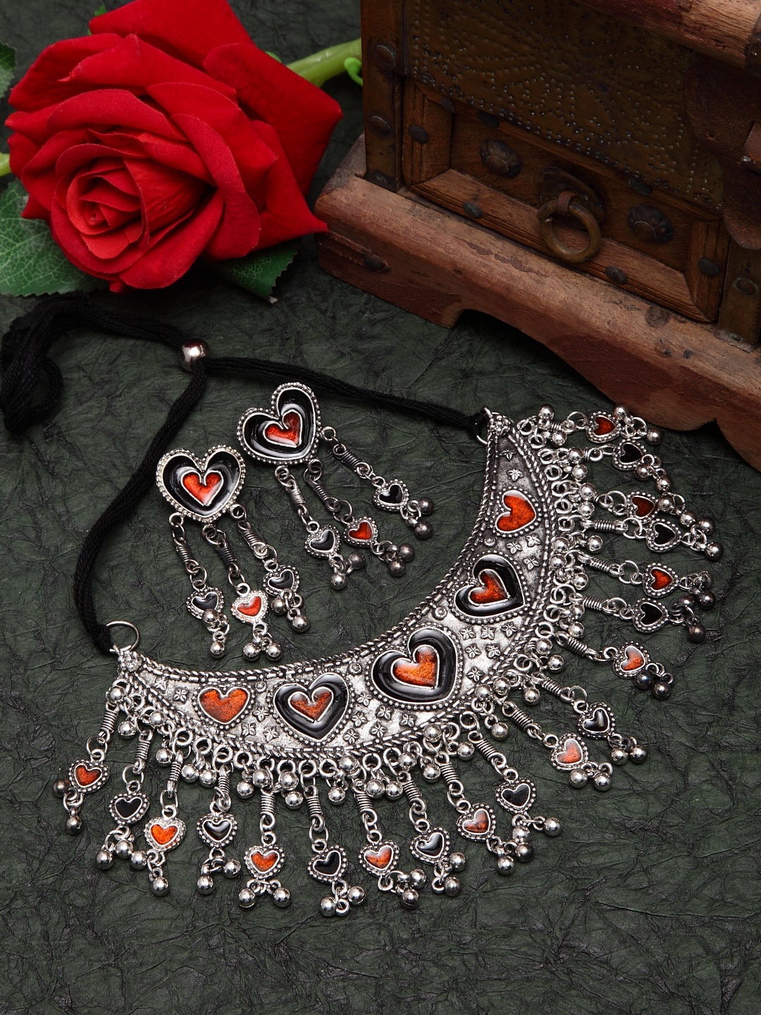 

Moedbuille Oxidised Silver-Plated Meenakari Handcrafted Jewellery Set