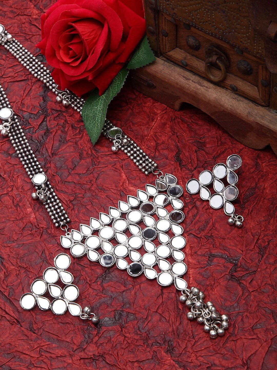

Moedbuille Silver Plated Mirror & Ghungroo Work Tasselled Oxidised Handcrafted Jewellery