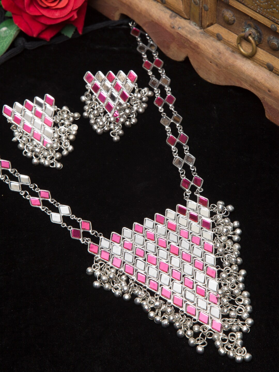 

Moedbuille Oxidised Silver-Plated Pink Mirror Work Handcrafted Jewellery Set