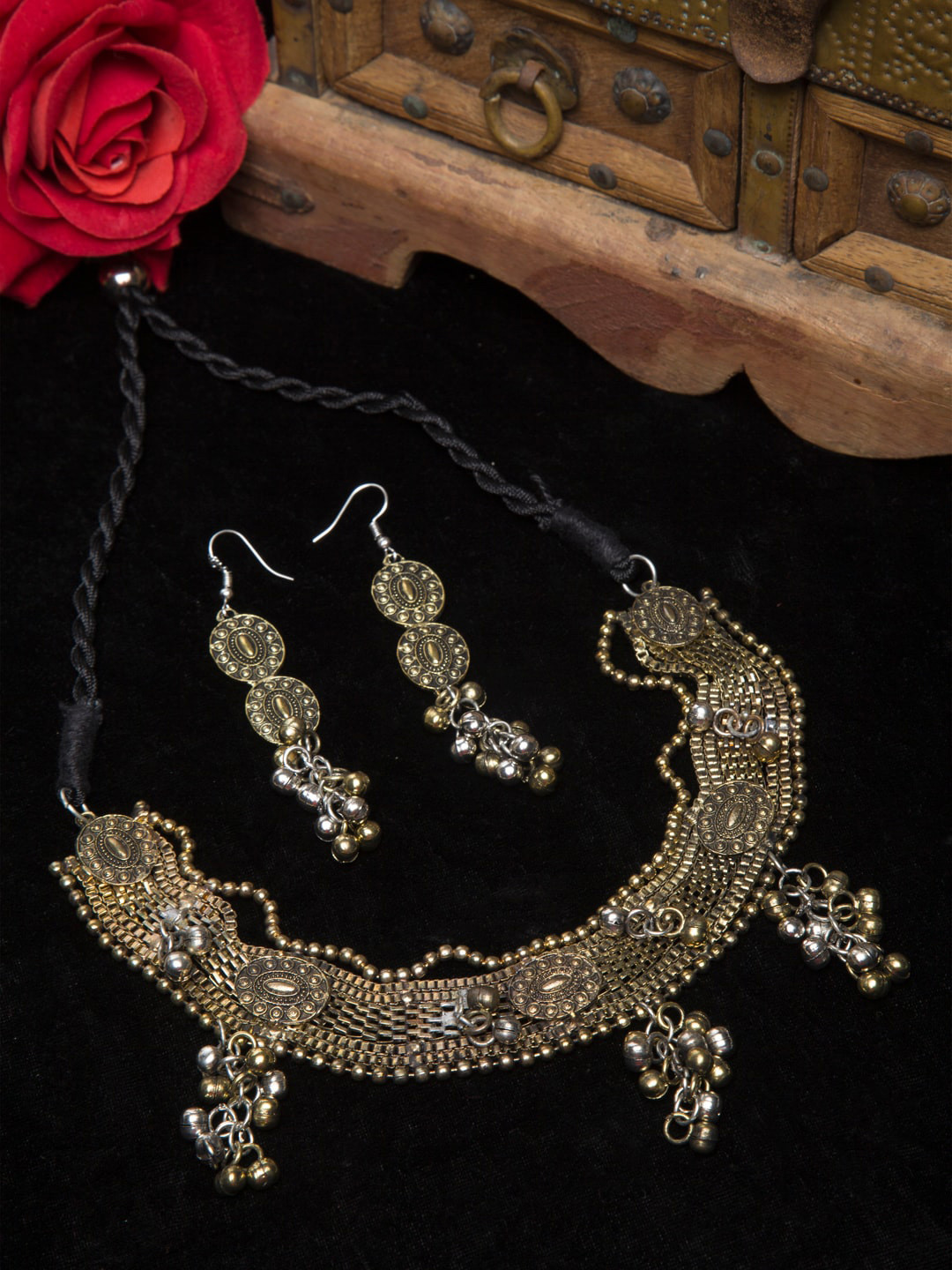 

Moedbuille Gold Plated Stone & Ghungroo Tasselled Oxidised Handcrafted Tribal Jewellery