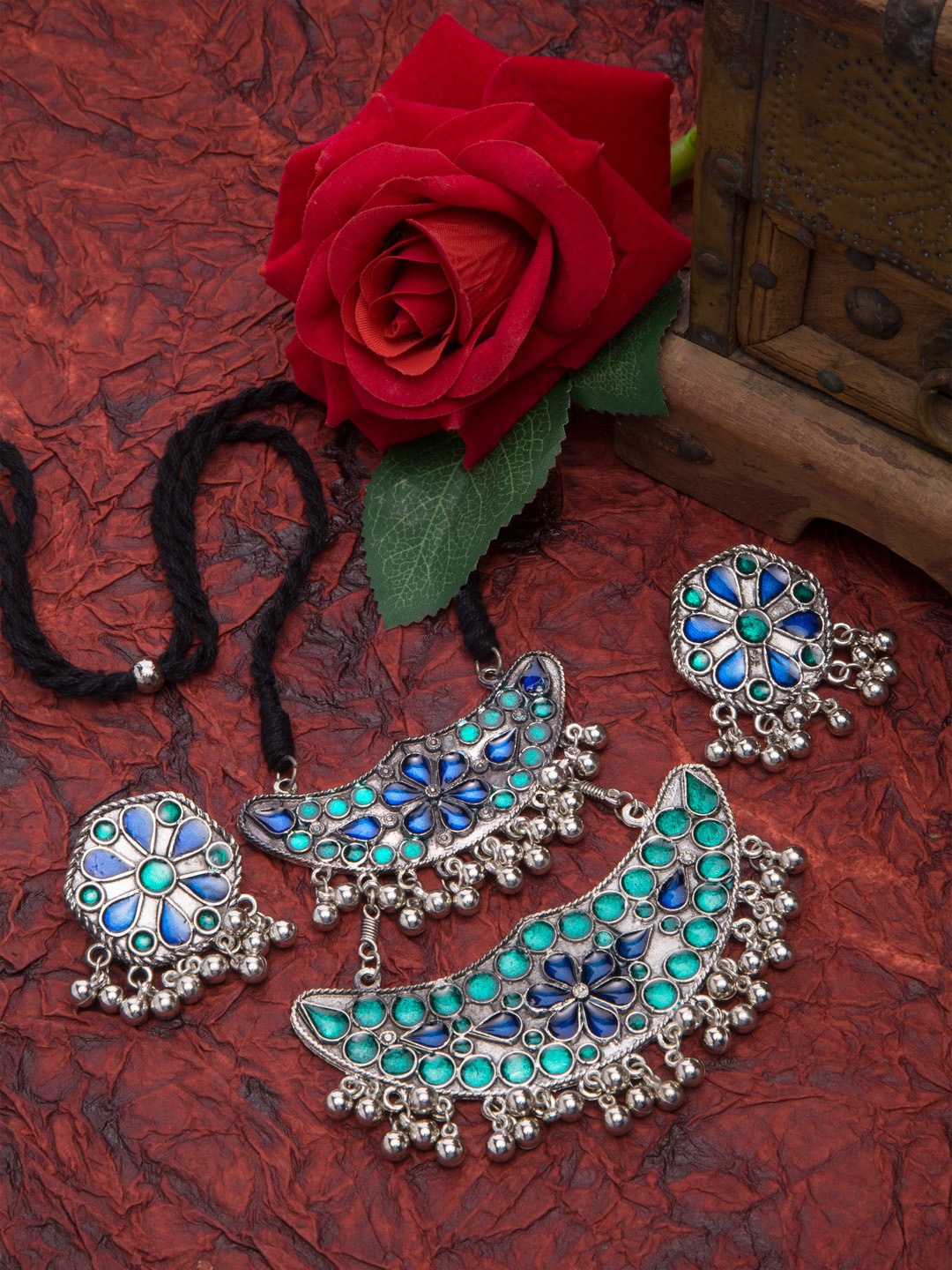 

Moedbuille Oxidised Silver-Plated Blue & Sea-Green Stone-Studded & Beaded Handcrafted Afghan Jewellery Set