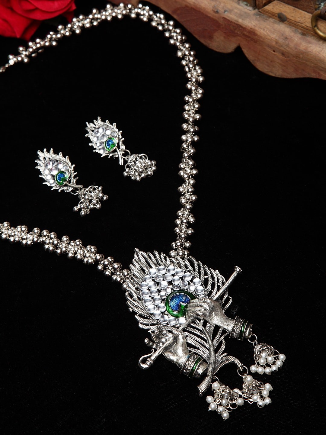 

Moedbuille Silver Plated Stone Studded Temple Design Handcrafted Krishna Jewellery Set