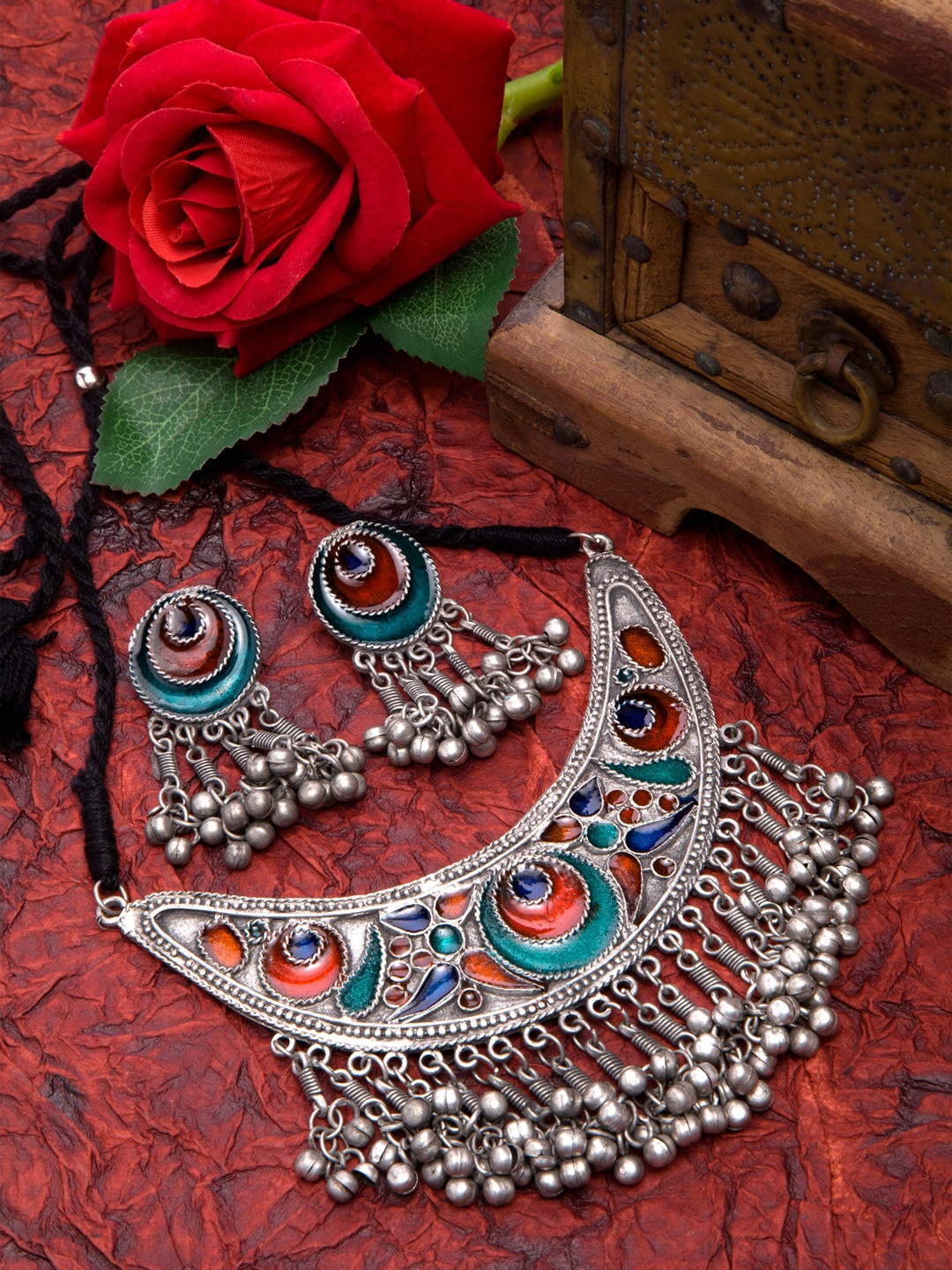

Moedbuille Oxidised Silver-Plated Multi-Coloured Stone-Studded Afghan Tasseled Jewellery Set