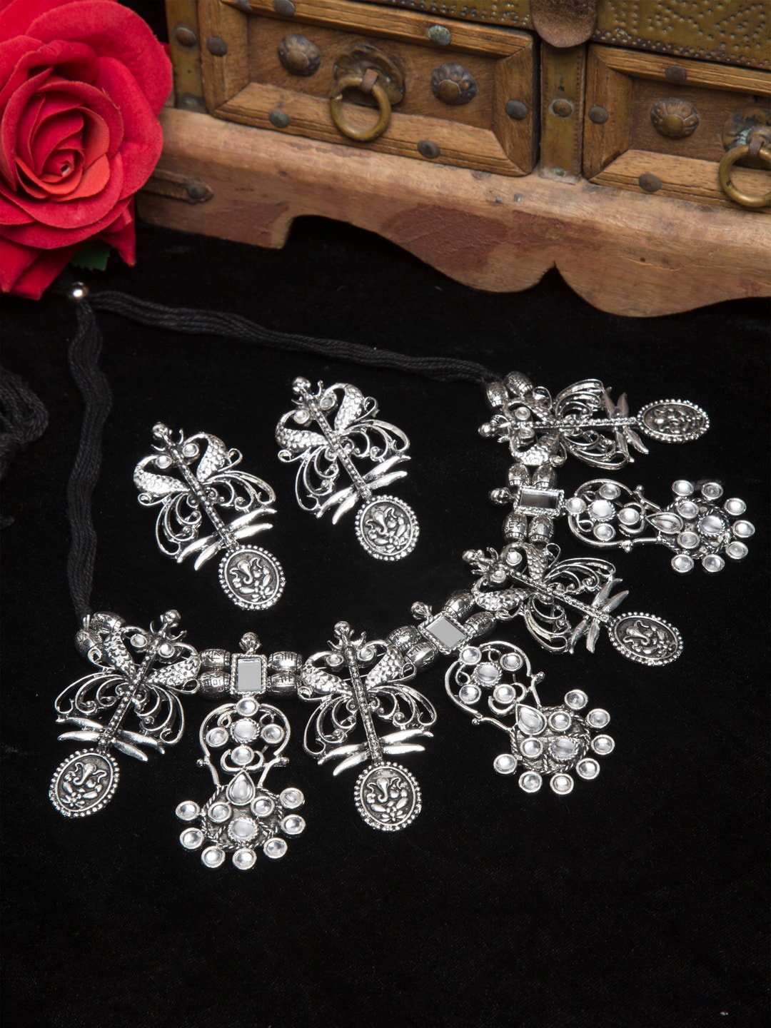 

Moedbuille Woman Oxidised Silver-Plated White Crystal-Studded Mirror Temple Jewellery Set