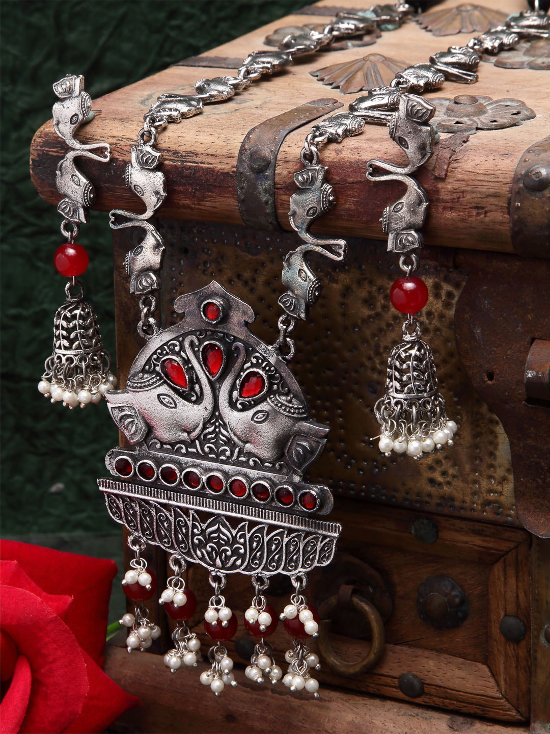 

Moedbuille Silver Plated Red Stones & Pearls Studded Handcrafted Tasselled Jewellery Set