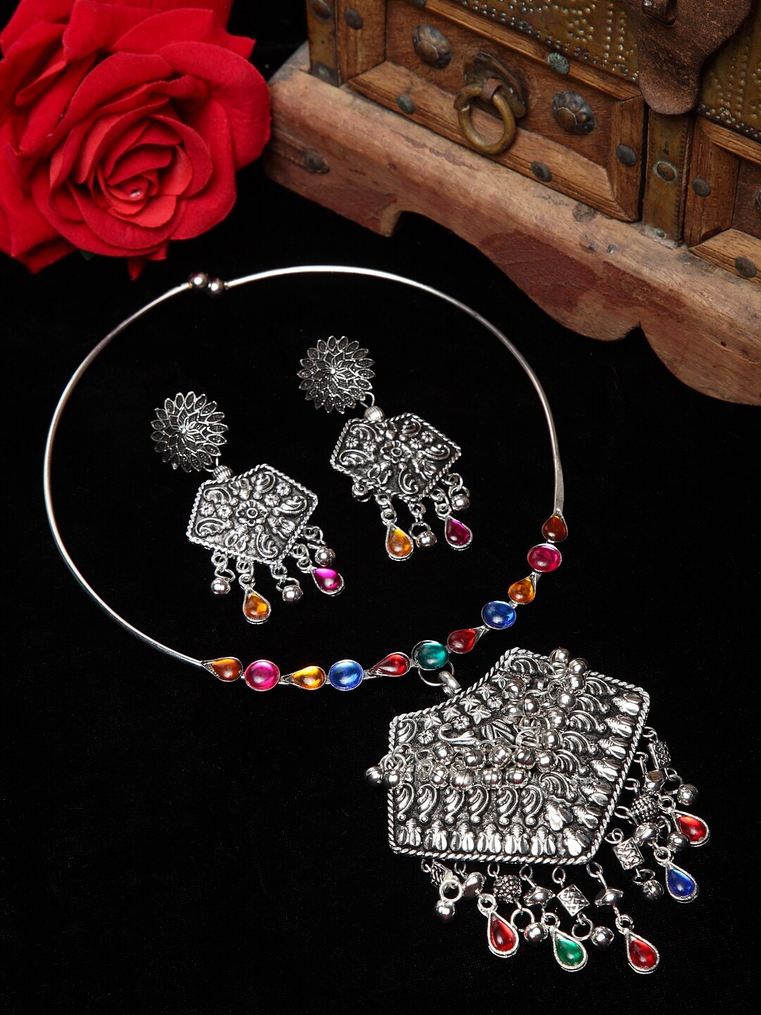 

Moedbuille Oxidized Silver-Plated Multi-coloured Crystal-Studded Handcrafted Jewellery Set