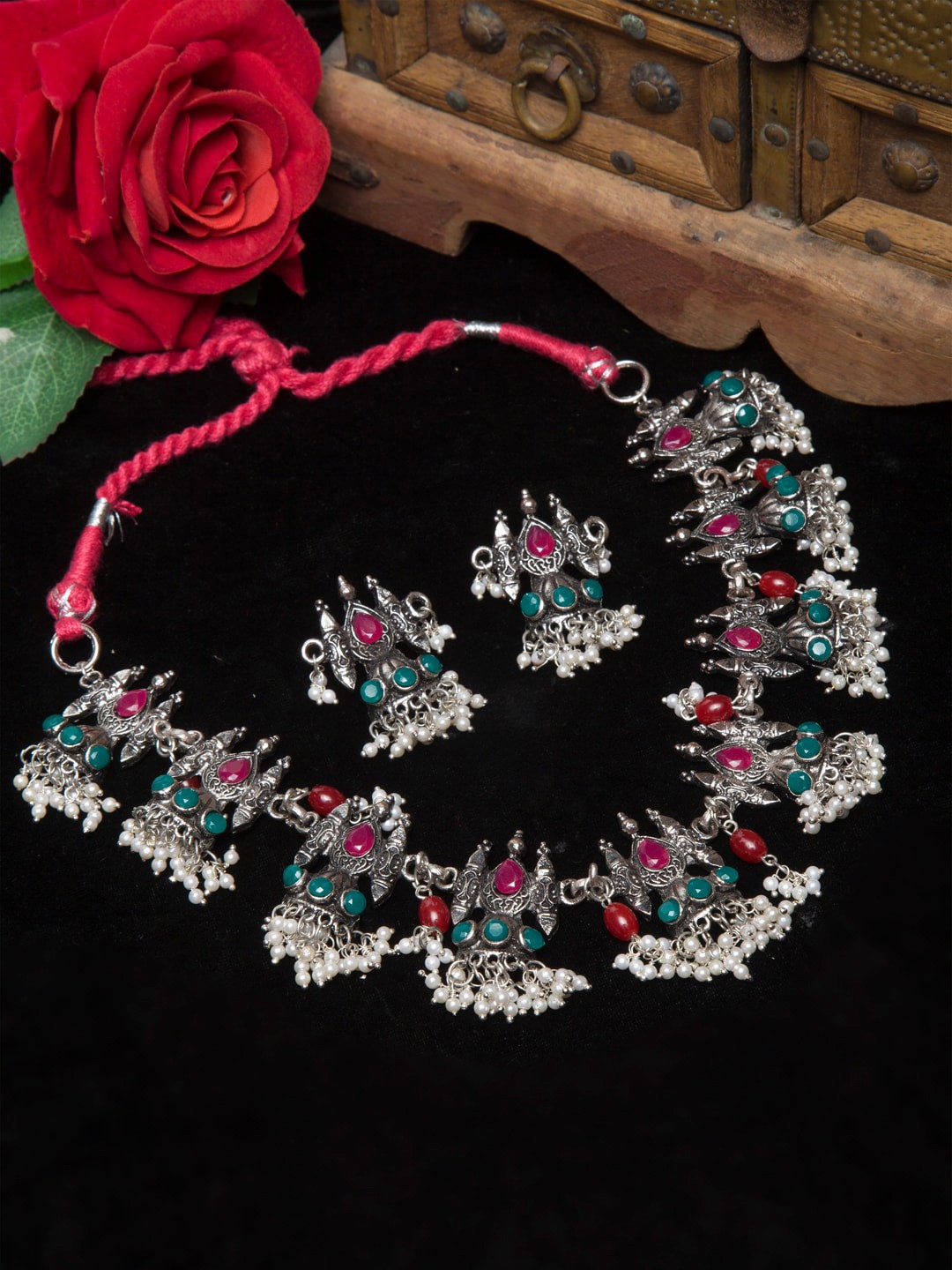

Moedbuille Oxidised Silver-Plated Pink & Green Stone Studded Handcrafted Temple Jewellery Set