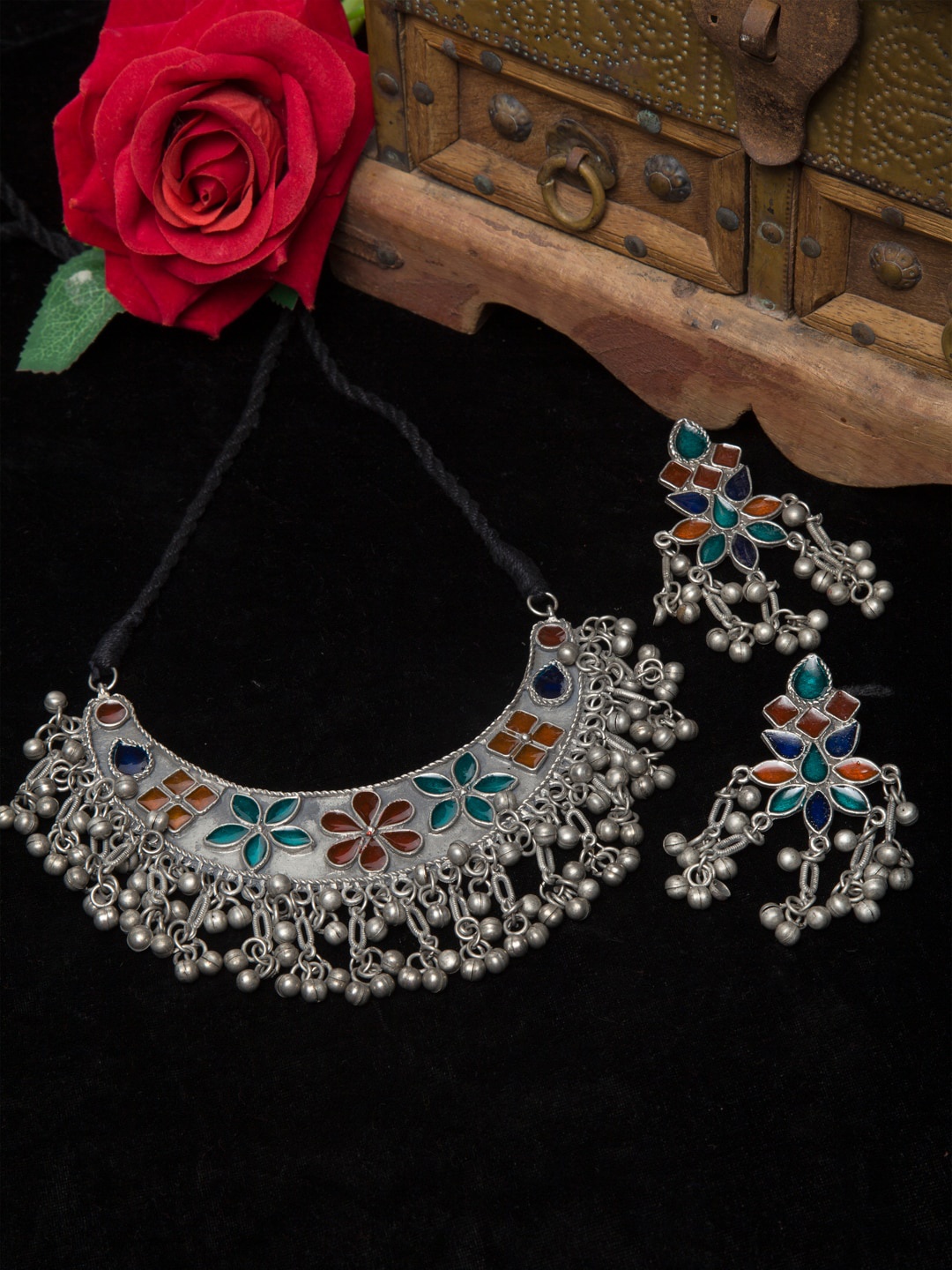 

Moedbuille Oxidised Silver-Plated Red & Green Stone-Studded & Beaded Meenakari Jewellery Set