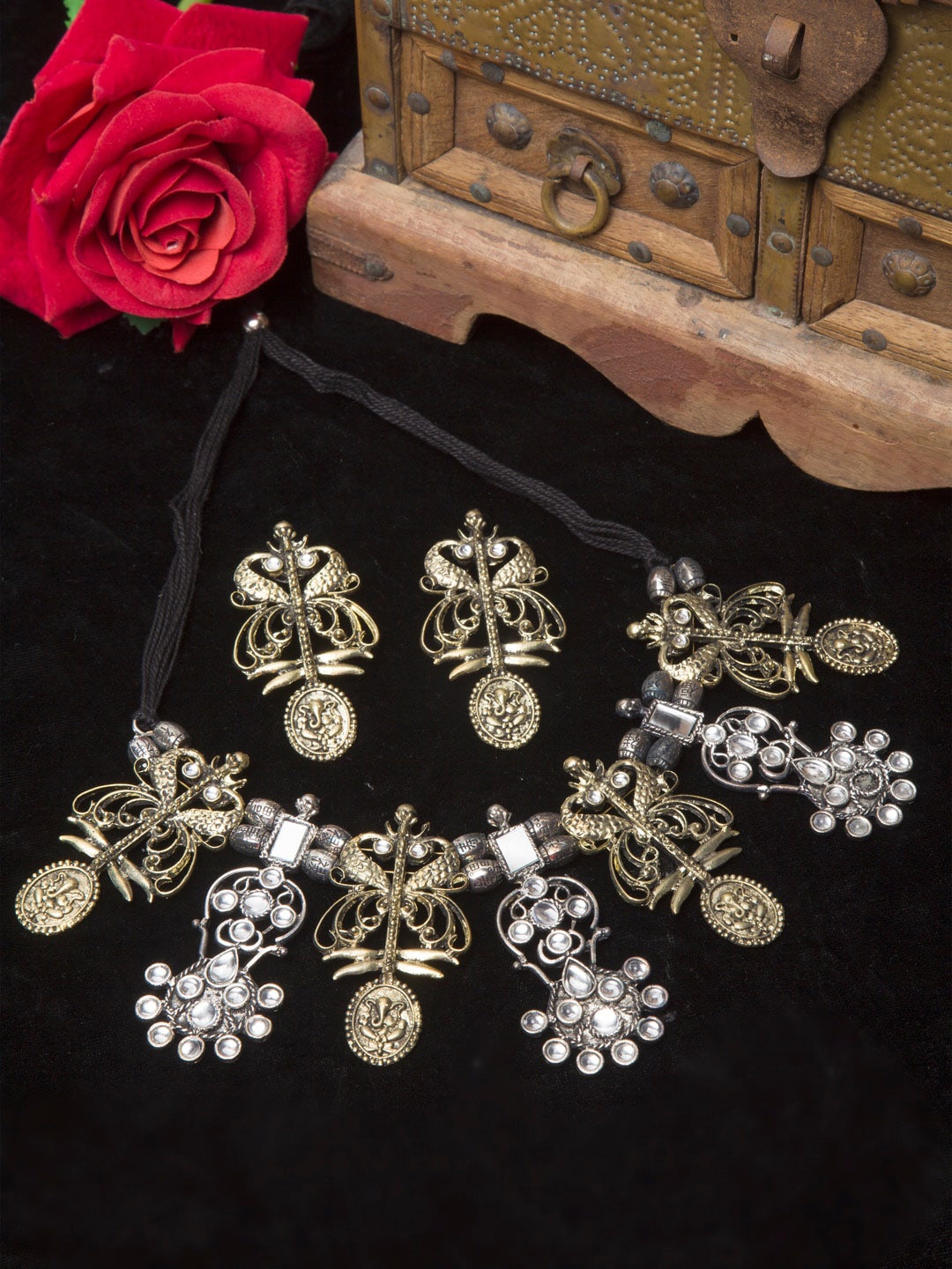 

Moedbuille Gold Plated Mirrors & Stones Studded Filigree Work Handcrafted Jewellery Set