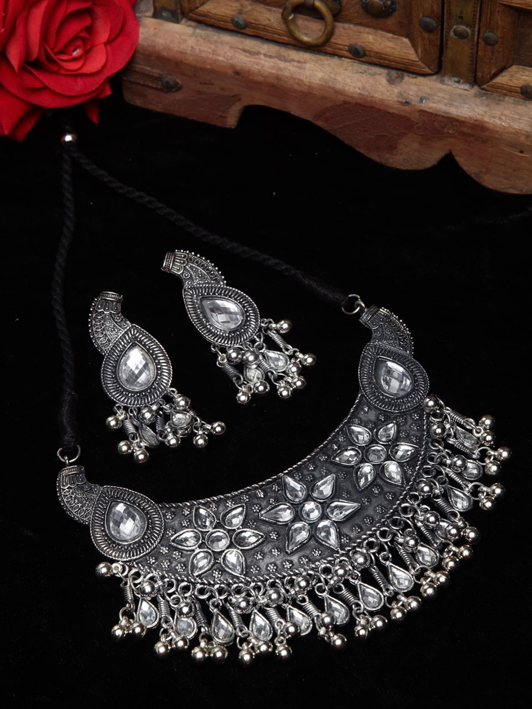 

Moedbuille Woman Oxidized Silver-Plated Crystal-Studded Handcrafted Afghan Jewellery Set