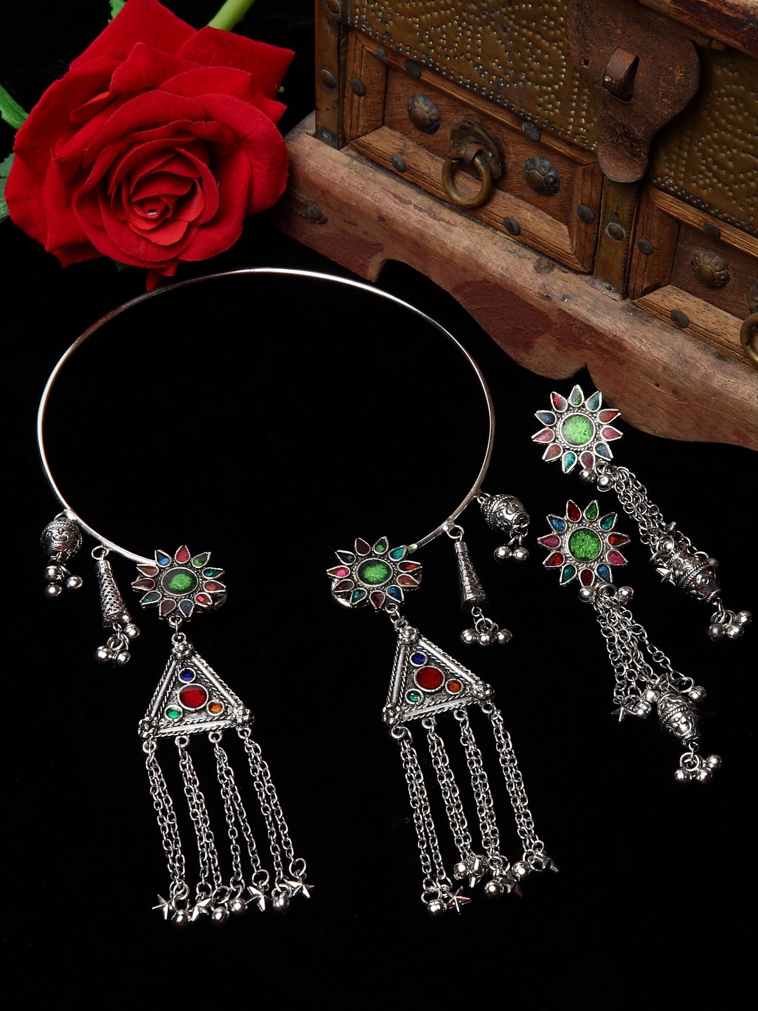 

Moedbuille Silver Plated Meenakari Work Ghungroo & Charms Tasselled Design Jewellery Set