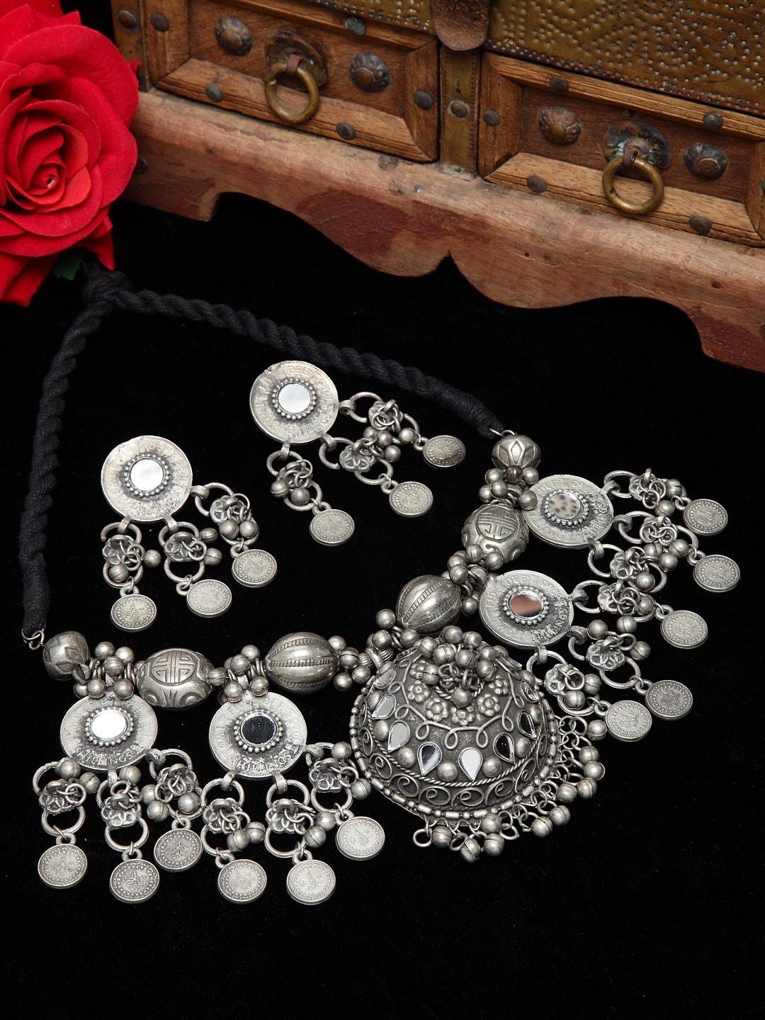 

Moedbuille Oxidised Silver-Plated Metallic-Toned Mirror-Studded Handcrafted Afghan Jewellery Set