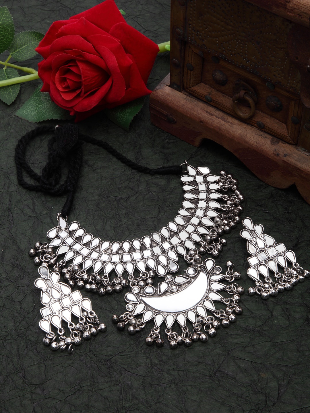 

Moedbuille Silver-Plated Mirror-Studded Oxidized Tasselled Handcrafted Jewellery Set