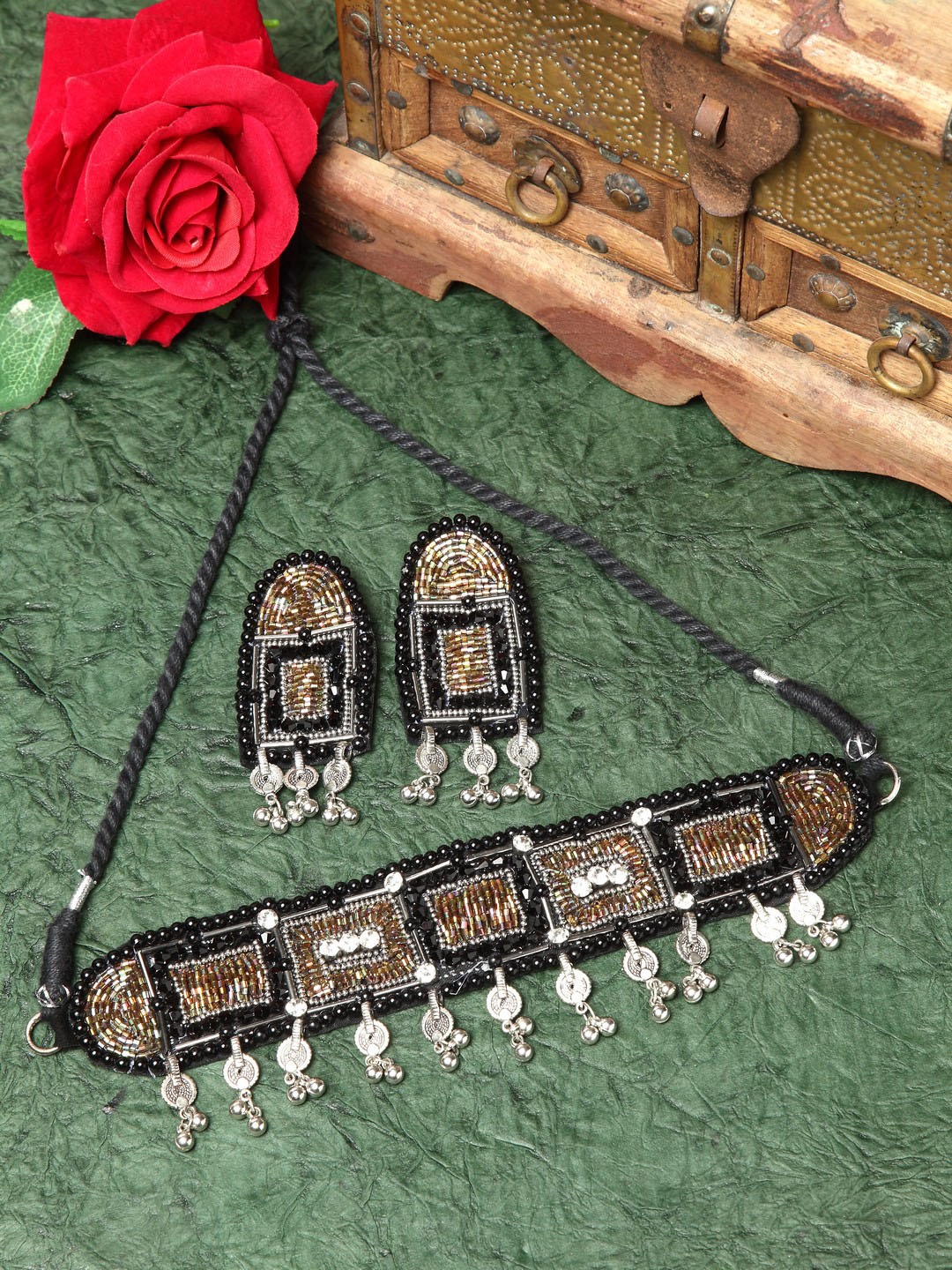 

Moedbuille Oxidised Silver-Plated White & Black Crystal-Studded & Beaded Handcrafted Jewellery Set