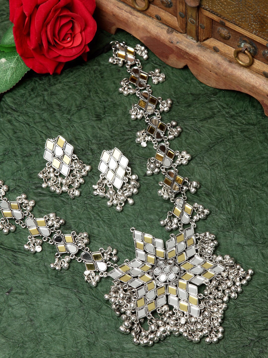 

Moedbuille Silver Plated & Yellow Mirrors Tasselled Floral Handcrafted Jewellery Set