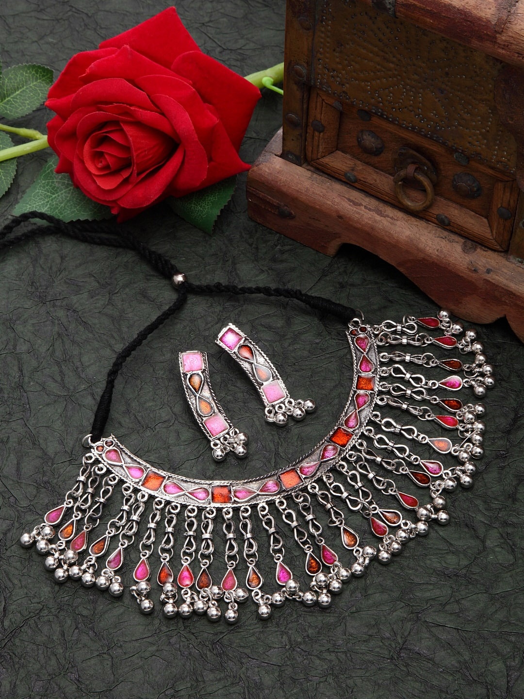 

Moedbuille Oxidised Silver-Plated Pink & Red Meenakari Handcrafted Jewellery Set