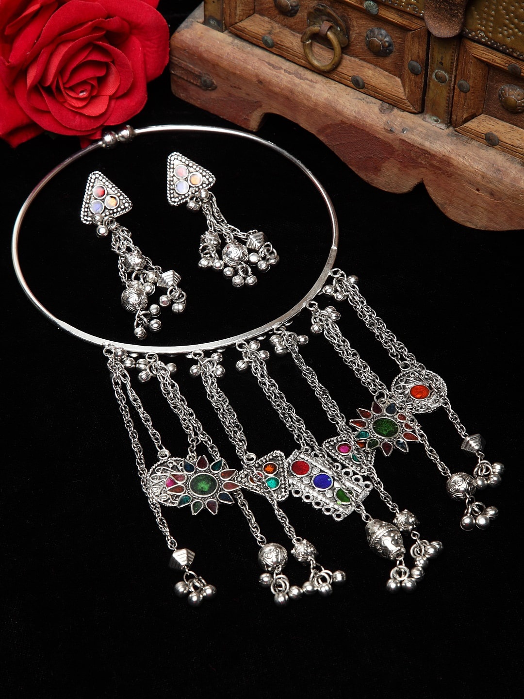 

Moedbuille Oxidised Silver-Plated Meenakari Handcrafted Jewellery Set