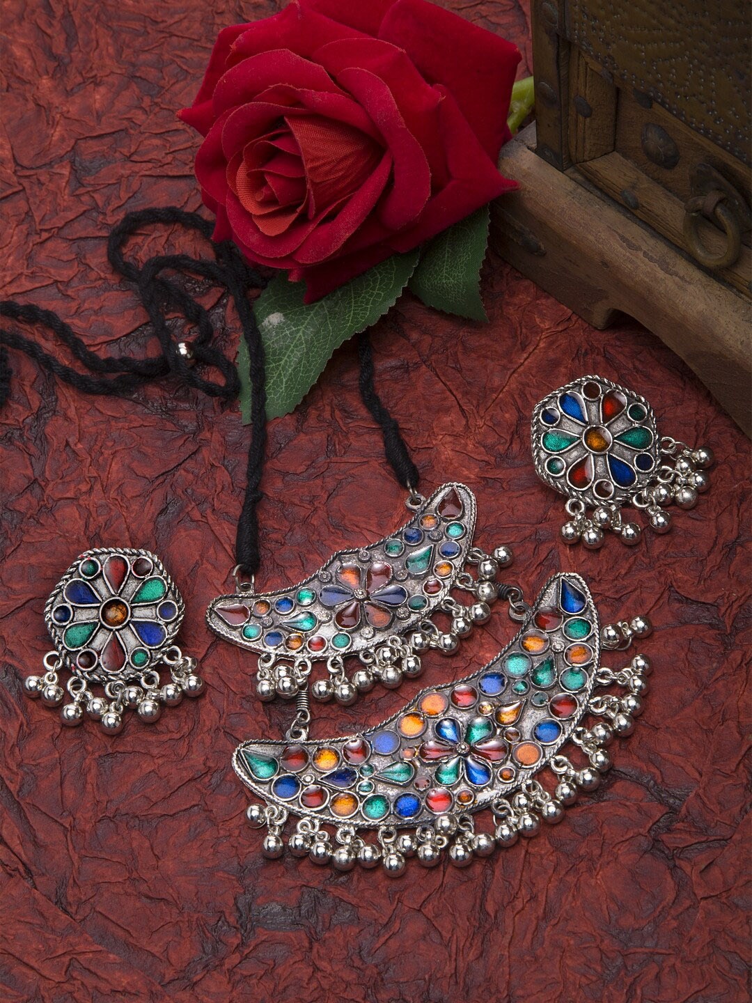 

Moedbuille Oxidized Silver-Plated Multi-coloured Stone-Studded Handcrafted Afghan Jewellery Set