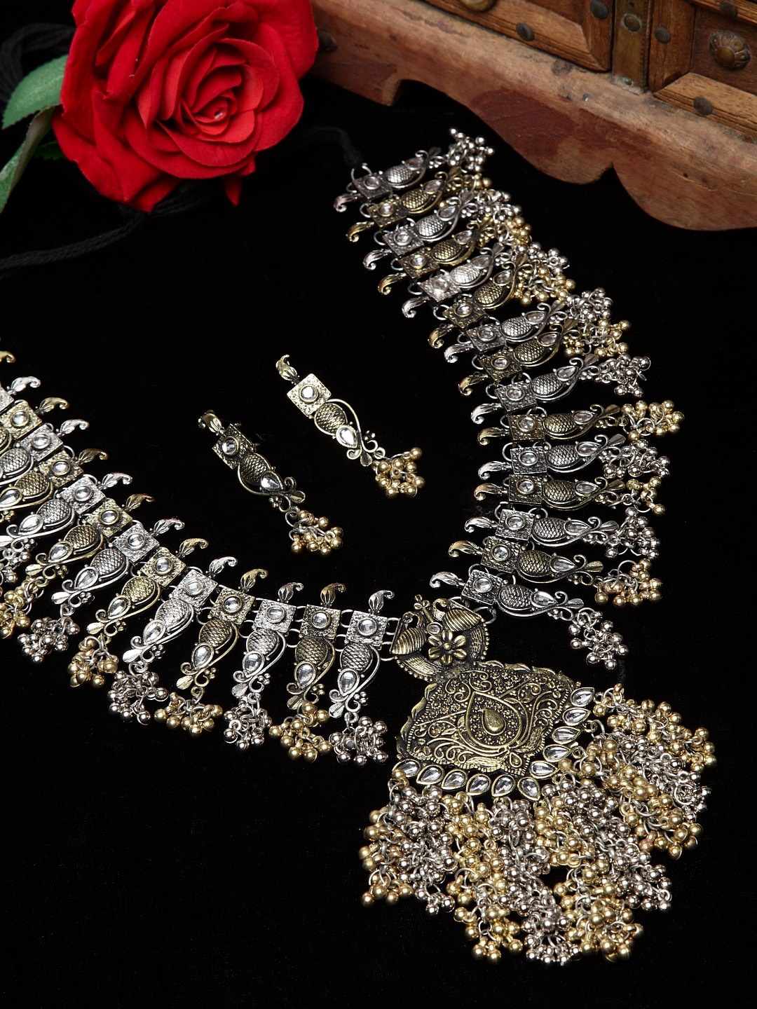 

Moedbuille Oxidised Gold-Plated White & Silver-Toned Crystal-Studded & Beaded Handcrafted Tribal Jewellery Set