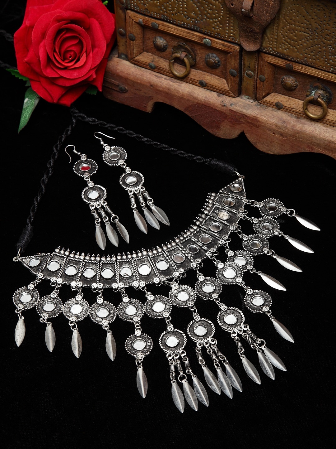 

Moedbuille Silver Plated Mirrrors Studded Antique Tassell Design Handcrafted Jewellery Set